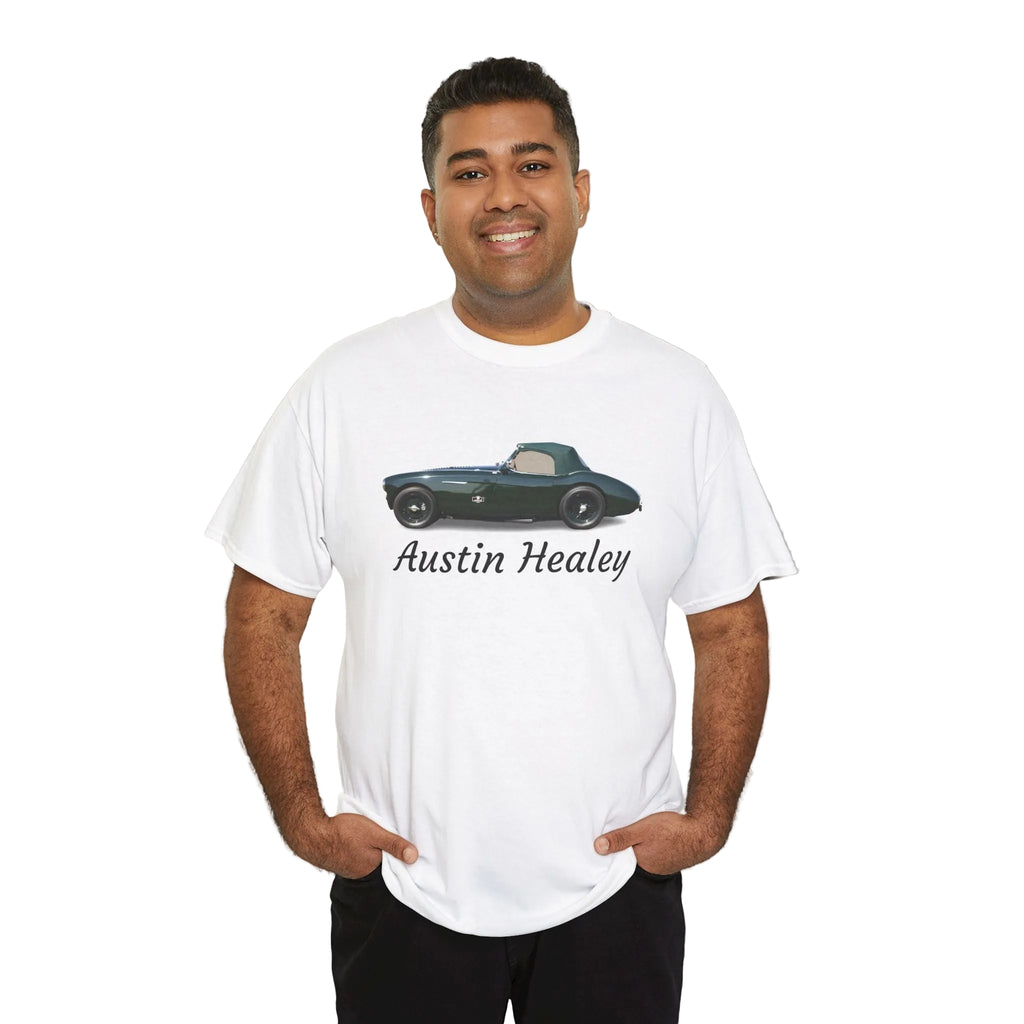 Man wearing a white t-shirt with an Austin Healey design on a white background