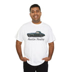 Man wearing a white t-shirt with an Austin Healey design on a white background