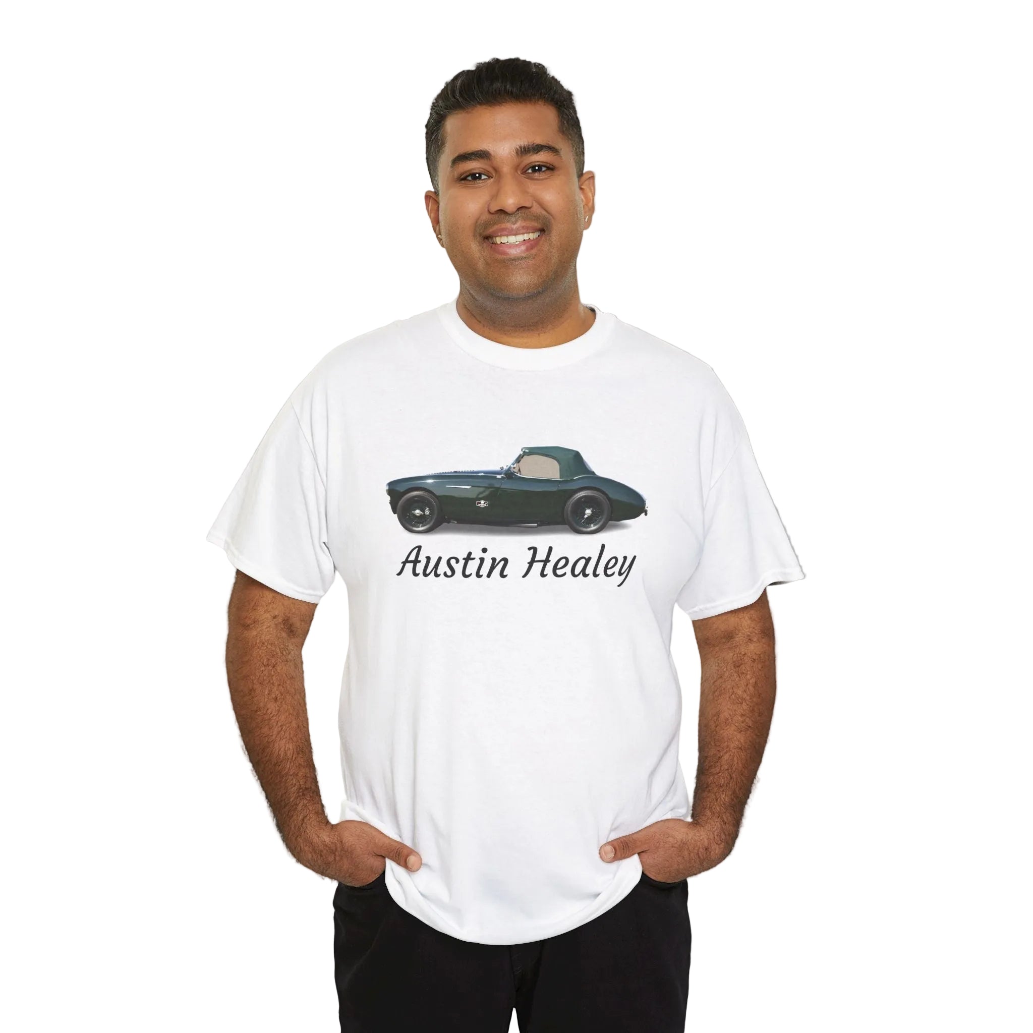 Man wearing a white t-shirt with an Austin Healey design on a white background