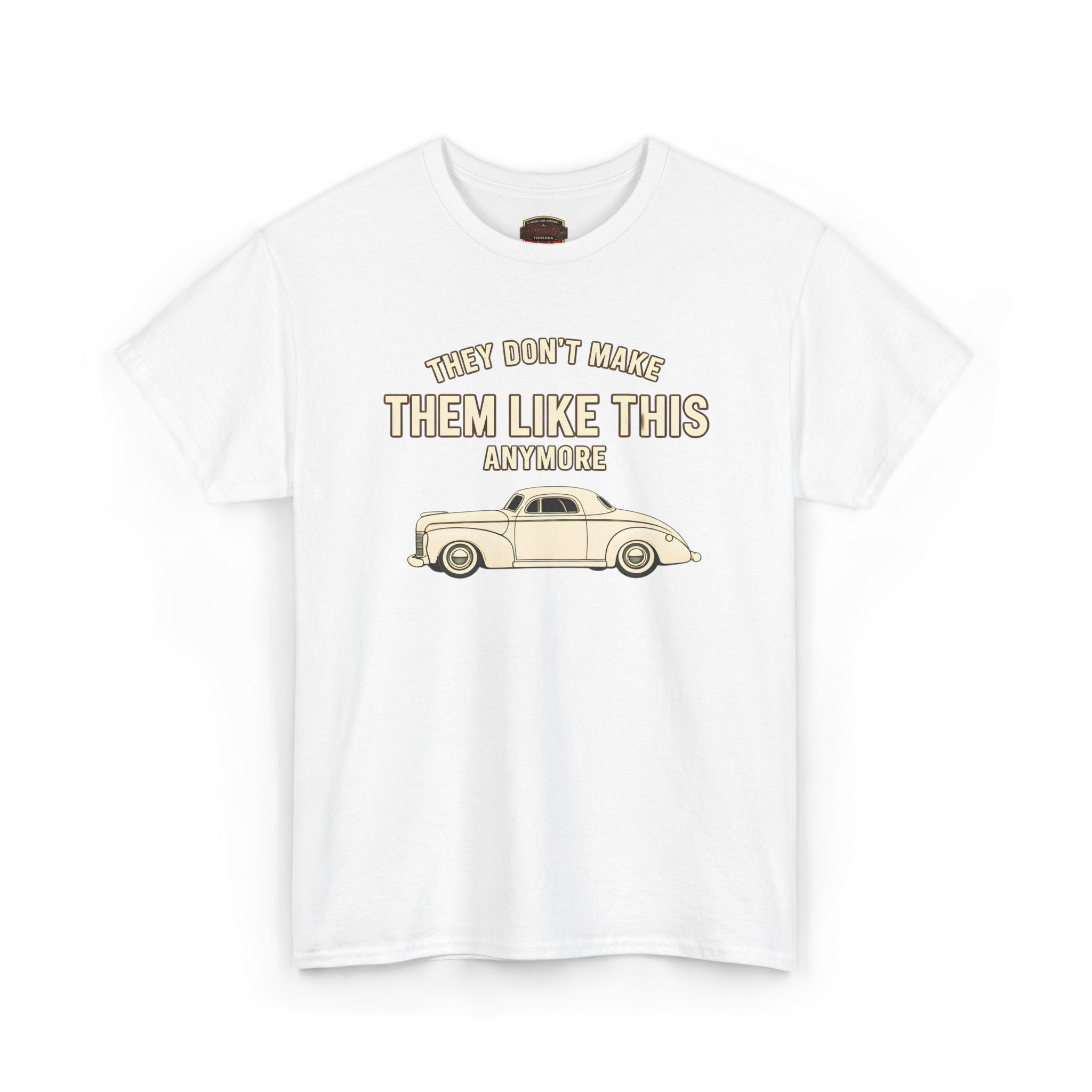 White t-shirt with vintage car graphic and text on a white background