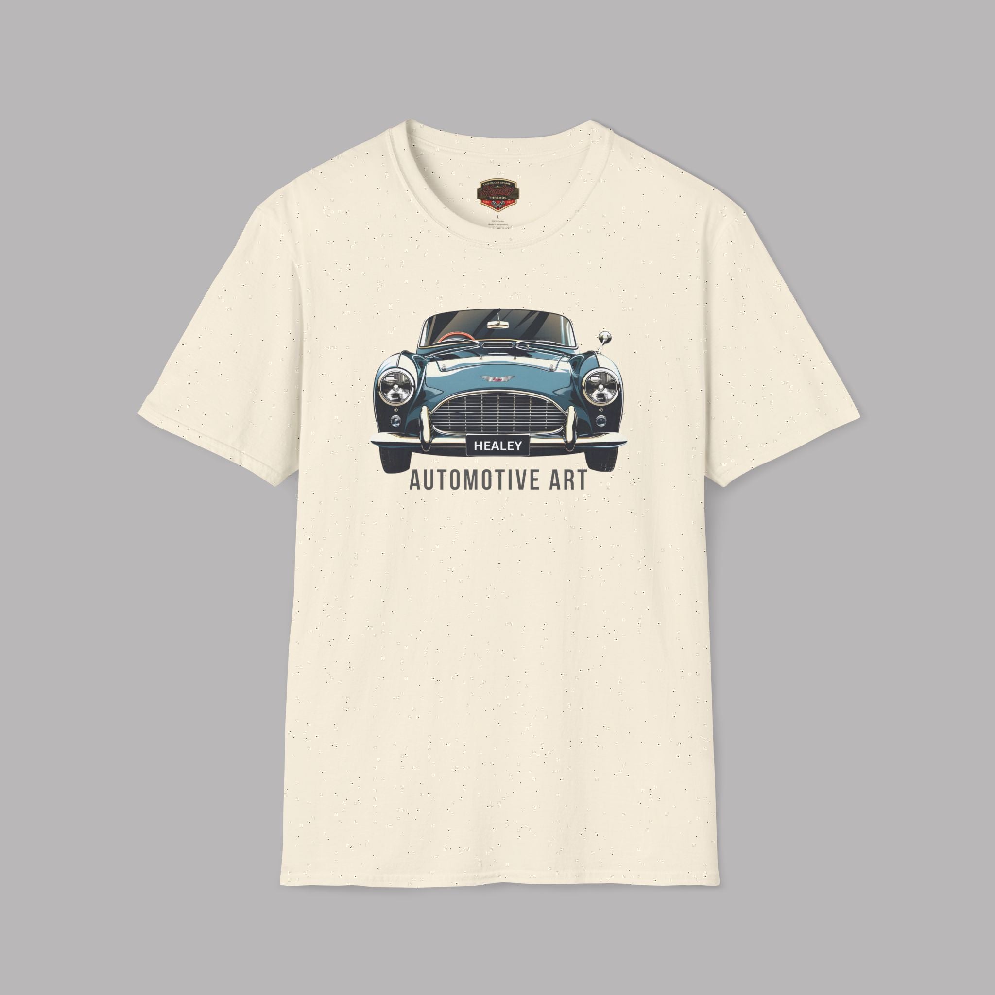 Natural t-shirt with a graphic of a vintage Healey car on a gray background