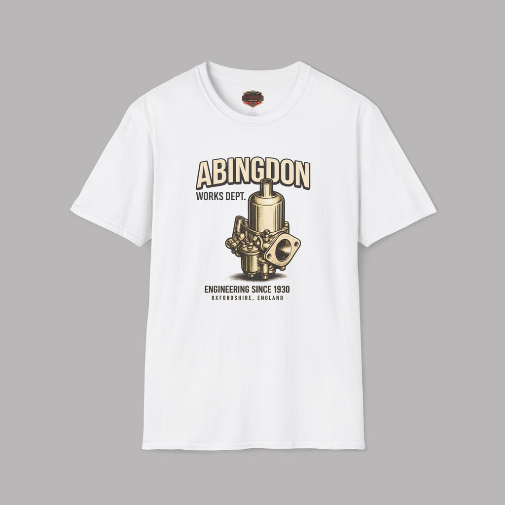 White t-shirt with 'Abingdon Works Dept' graphic on a gray background