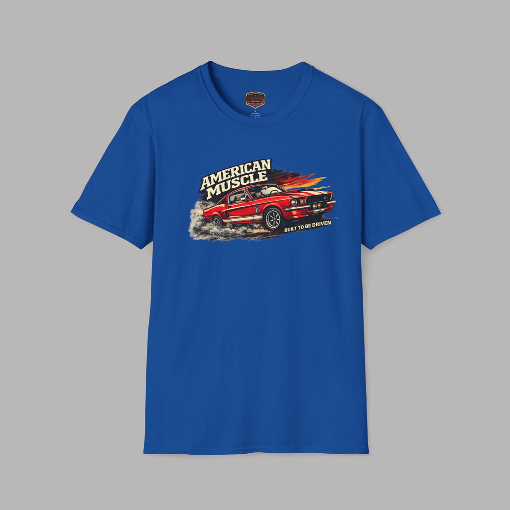 Royal blue t-shirt with a red muscle car graphic and 'American Muscle' text on a gray background