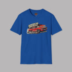 Royal blue t-shirt with a red muscle car graphic and 'American Muscle' text on a gray background