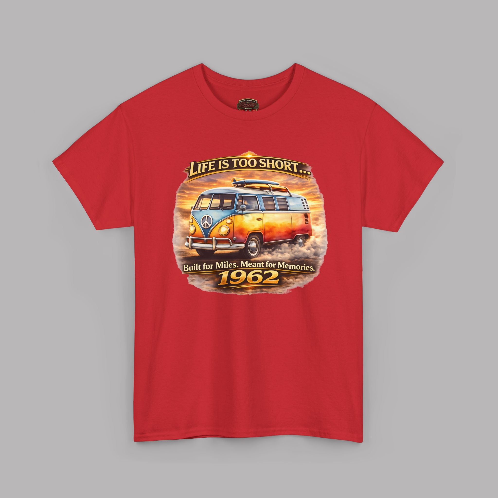 Red t-shirt with a graphic of a vintage 1962 van and text on a gray background