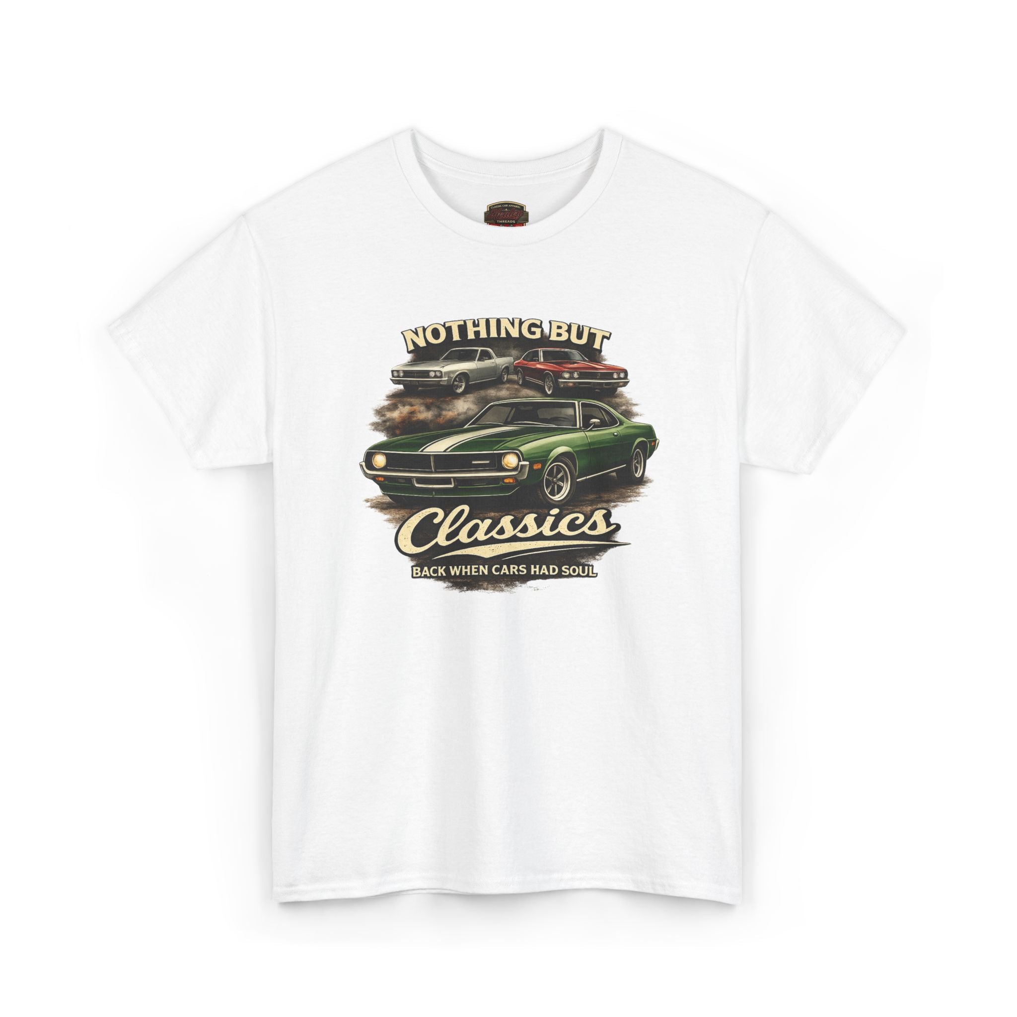 White t-shirt with a graphic of classic cars and text on a white background