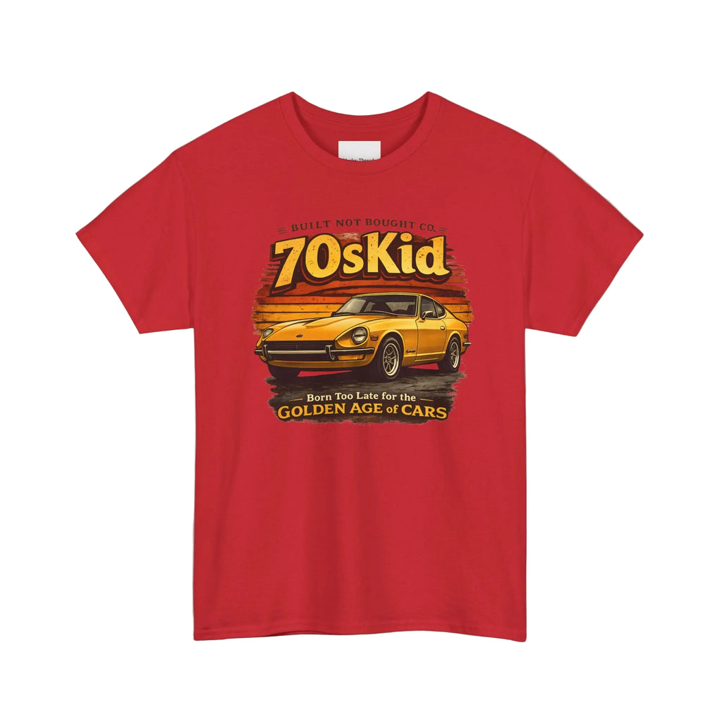 Red t-shirt with a graphic of a yellow car and text on a white background