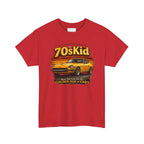 Red t-shirt with a graphic of a yellow car and text on a white background