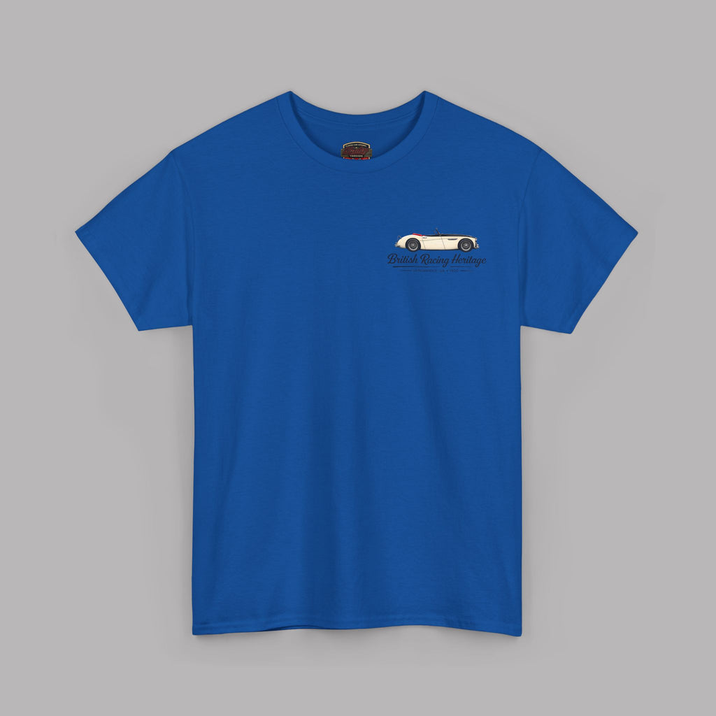 Front of a royal blue t-shirt with a Healey classic car graphic design on a gray background