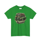 Irish green t-shirt with classic car graphic and text on a white background