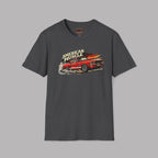Dark heather t-shirt with red muscle car graphic and 'American Muscle' text on a gray background