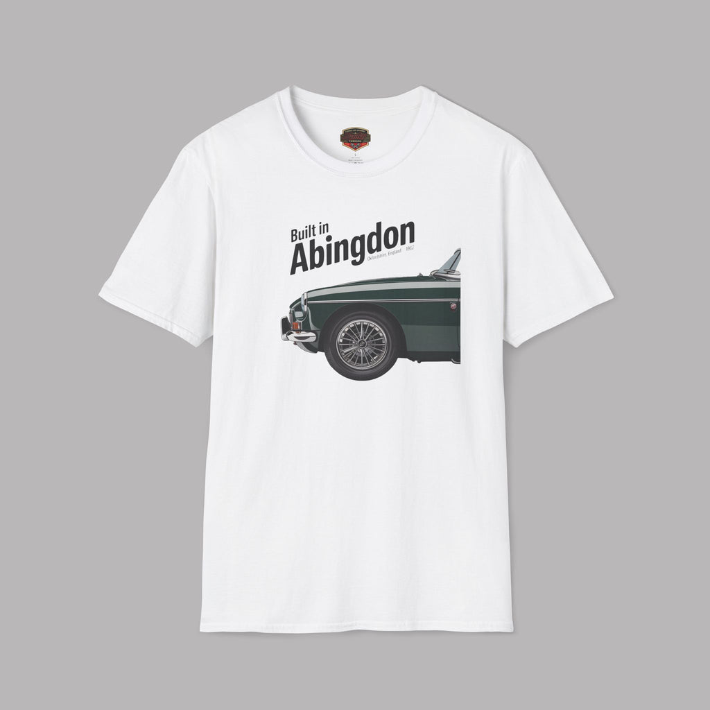 White t-shirt with a graphic of a classic car and text 'Built in Abingdon' on a gray background