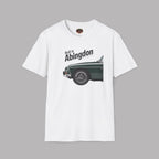 White t-shirt with a graphic of a classic car and text 'Built in Abingdon' on a gray background