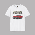White t-shirt with a graphic of a red car and 'No Garage Queens' text on a gray background