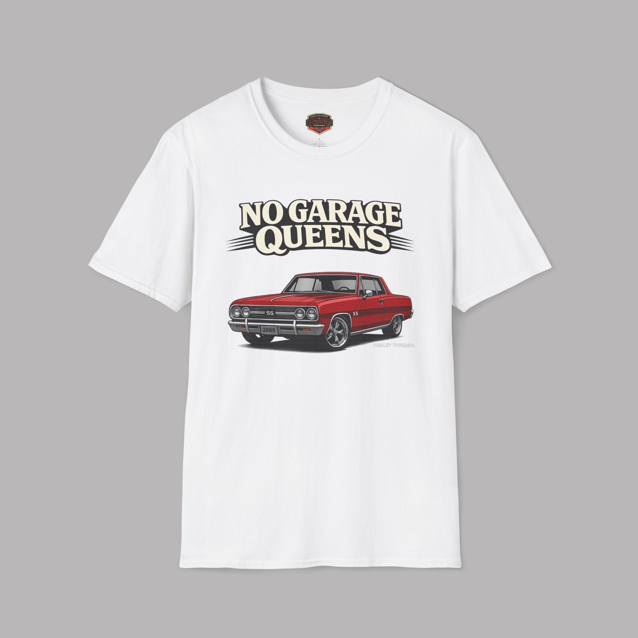 White t-shirt with a graphic of a red car and 'No Garage Queens' text on a gray background