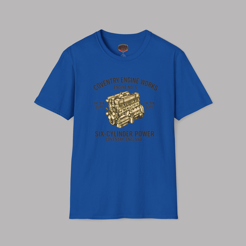 Royal blue t-shirt with coventry engine graphic and text on a gray background