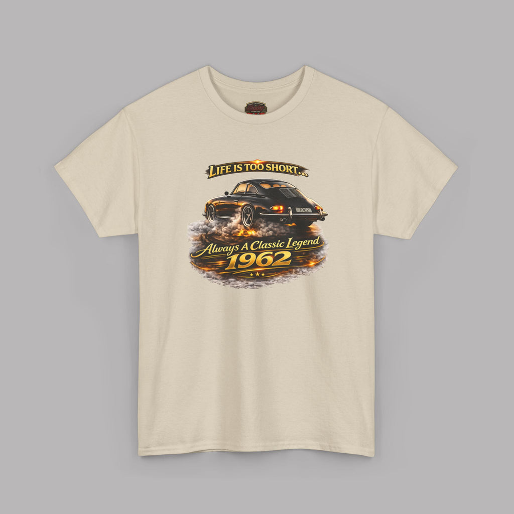 Sand t-shirt with a graphic of a classic car and text on a gray background