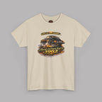 Sand t-shirt with a graphic of a classic car and text on a gray background