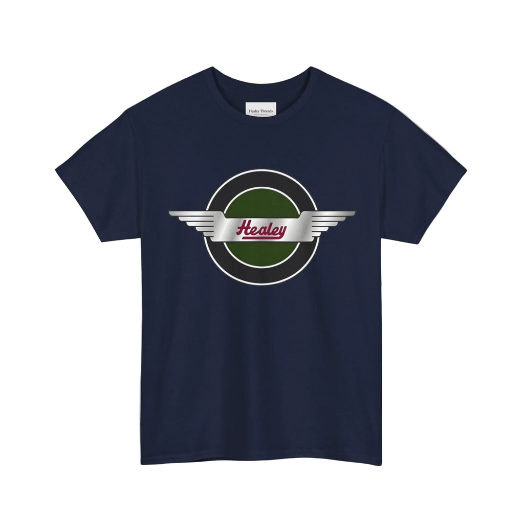 Navy blue t-shirt with a Healey logo on a white background