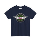 Navy blue t-shirt with a Healey logo on a white background