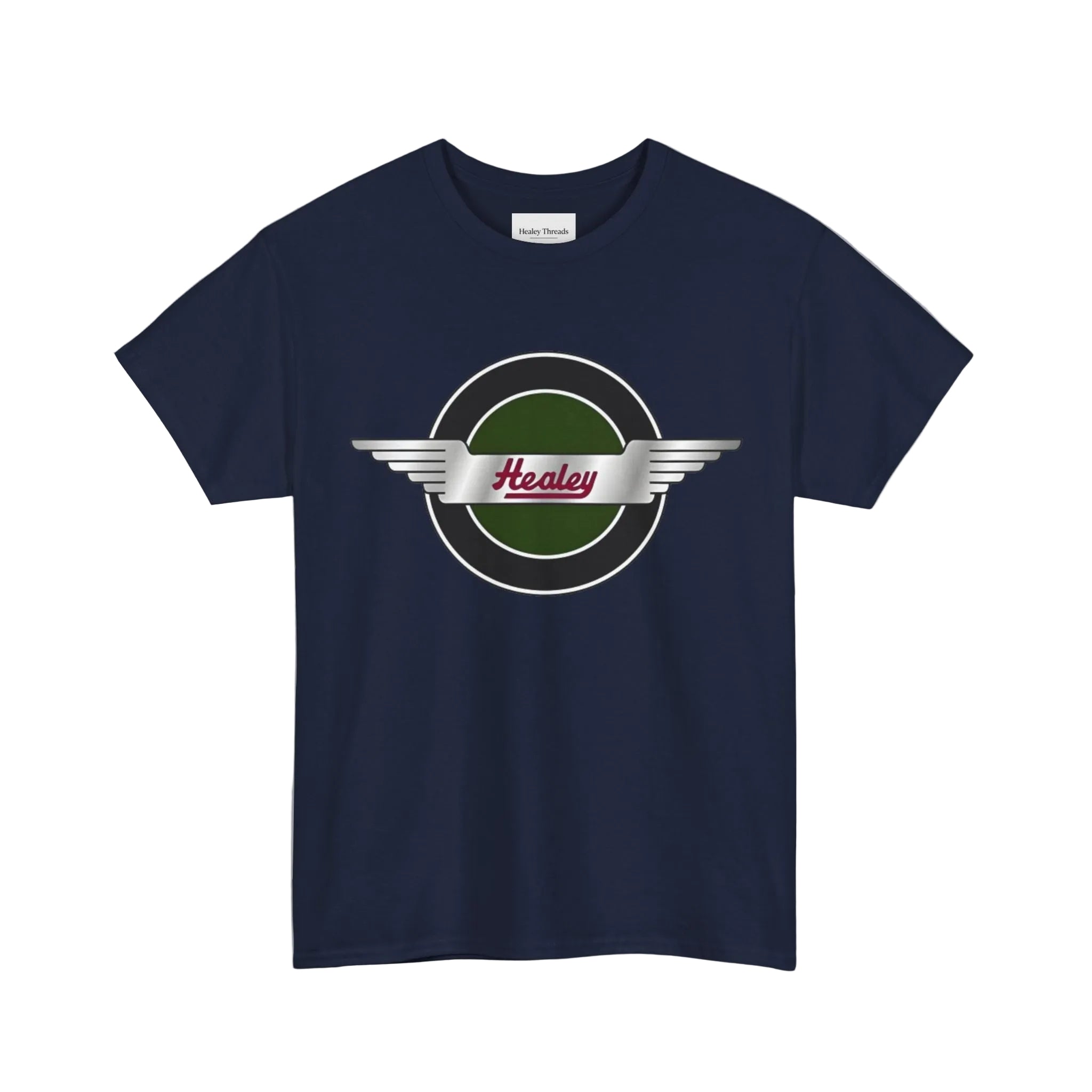 Navy blue t-shirt with a Healey logo on a white background