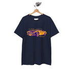 Navy blue t-shirt with a classic car graphic on a hanger against a white background