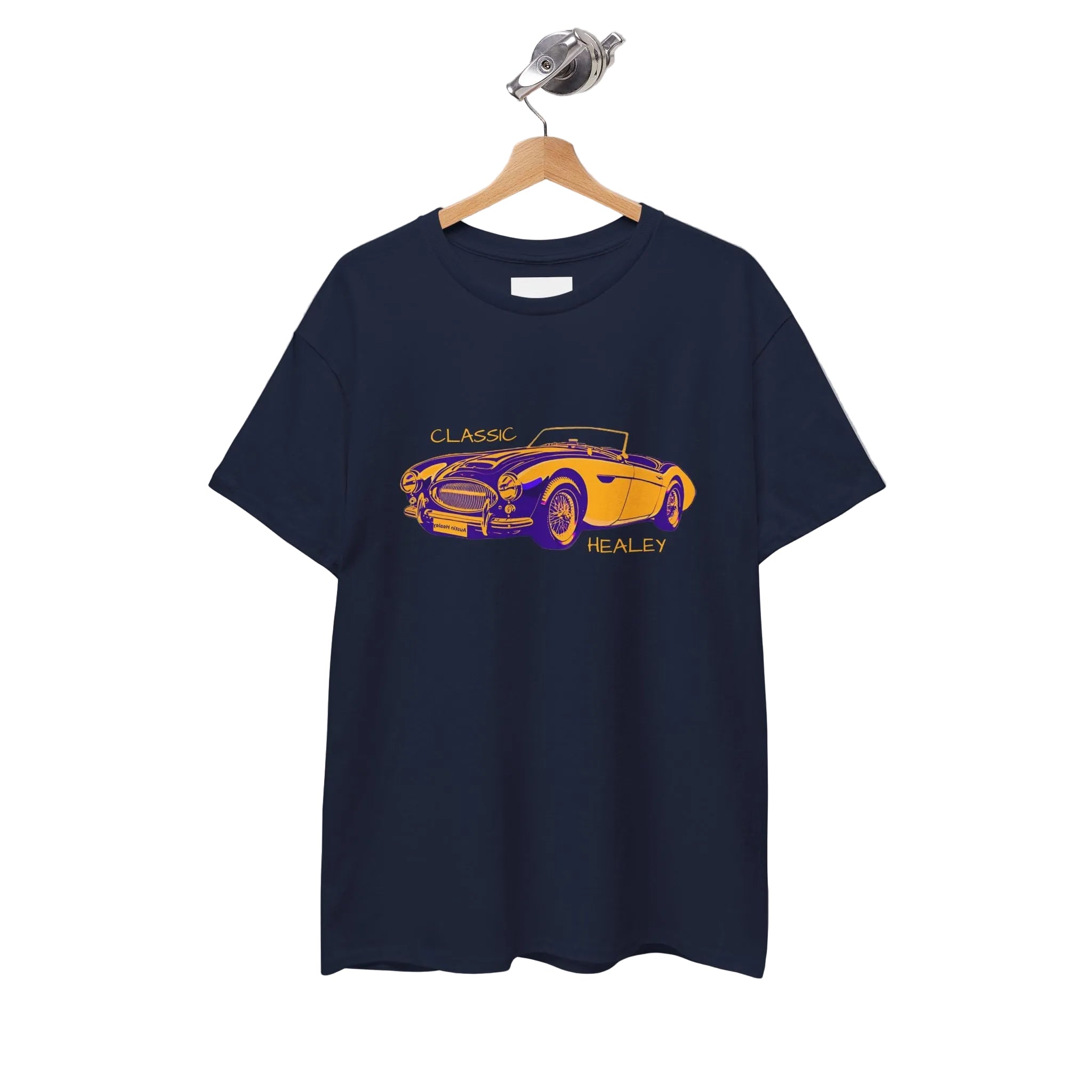Navy blue t-shirt with a classic car graphic on a hanger against a white background