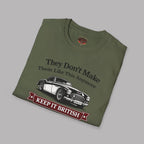 Folded military green t-shirt with car graphic and text on a gray background