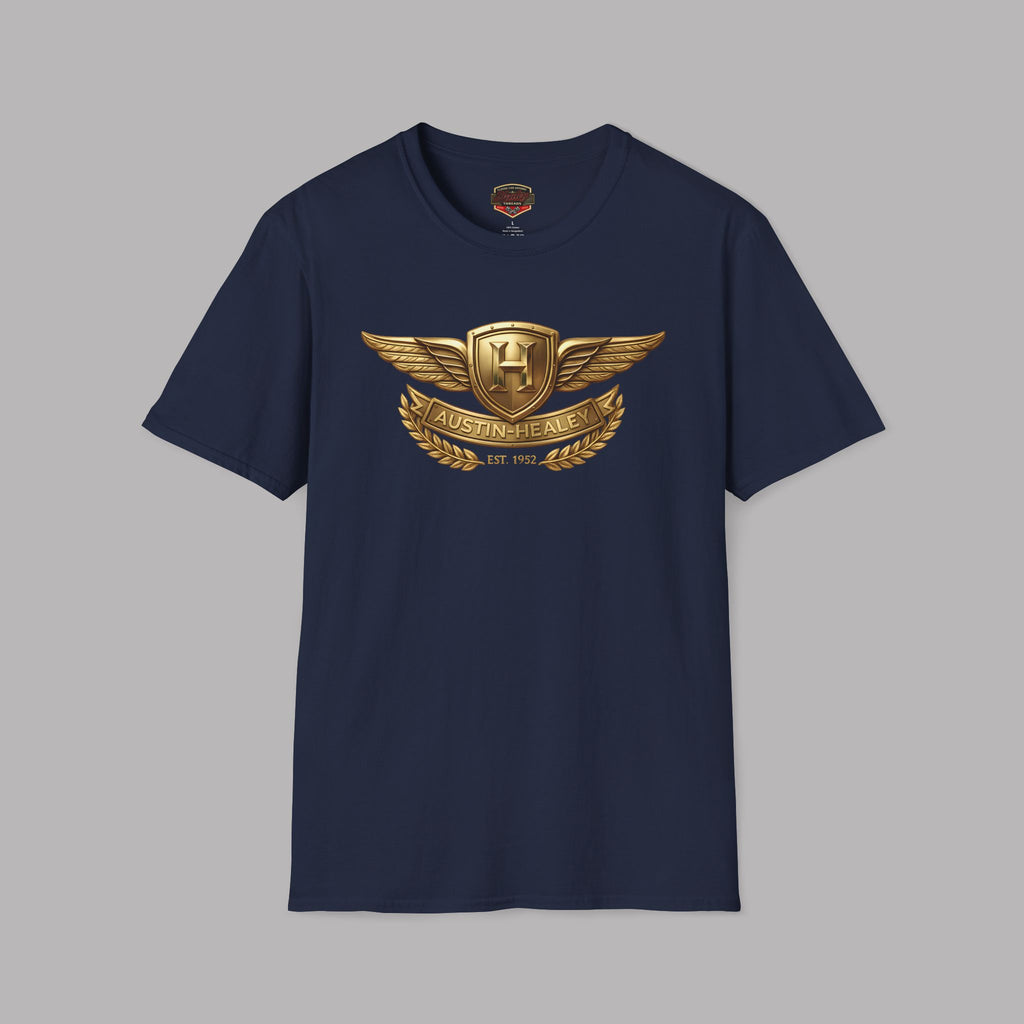 Navy blue t-shirt with graphic Healey design on a gray background