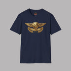Navy blue t-shirt with graphic Healey design on a gray background