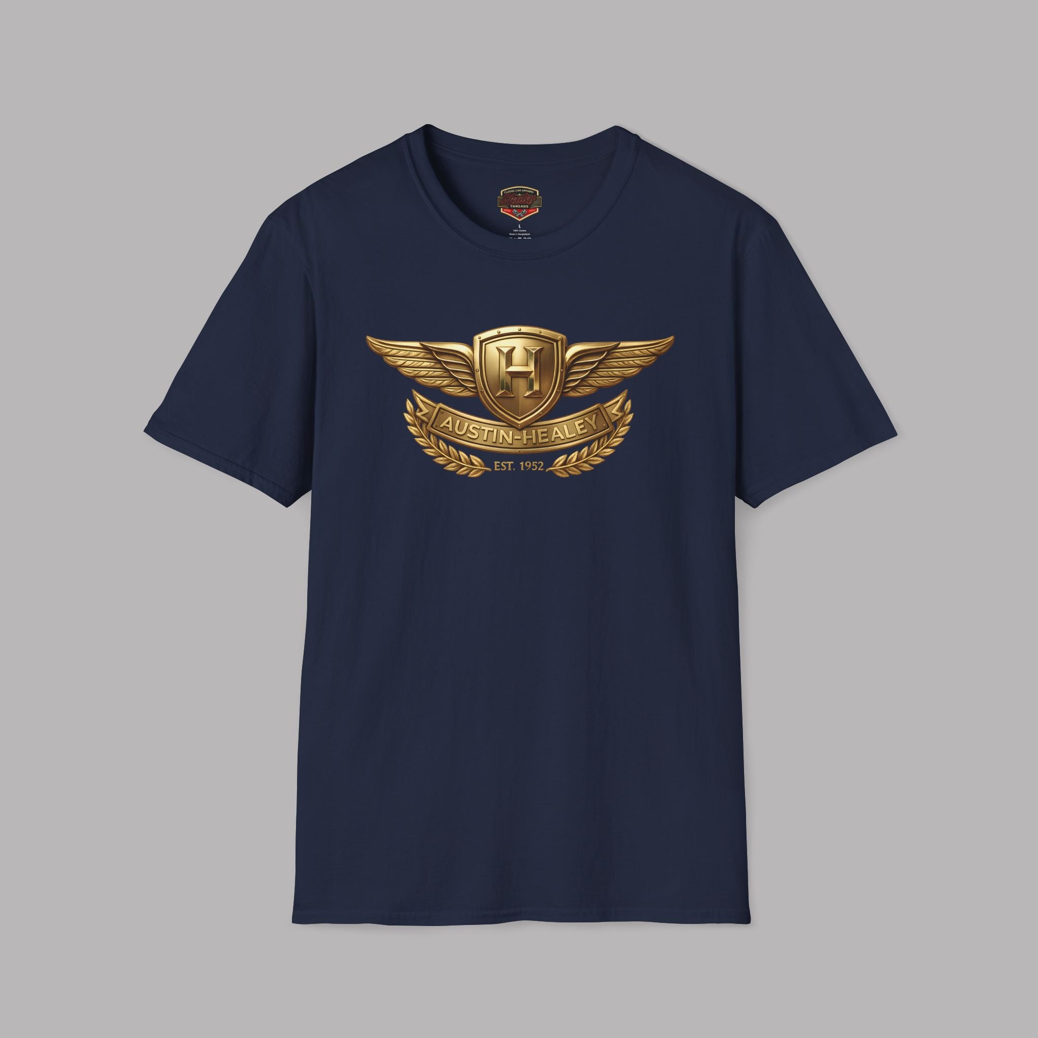 Navy blue t-shirt with graphic Healey design on a gray background