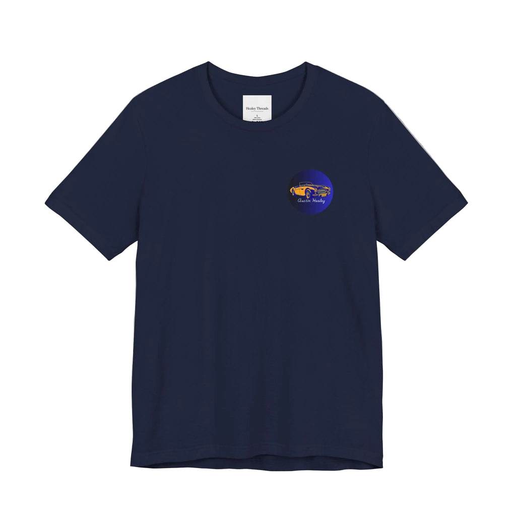 Navy blue t-shirt with a small logo on a white background