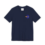 Navy blue t-shirt with a small logo on a white background