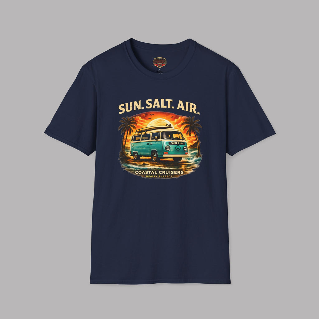 Navy blue t-shirt with 'Sun. Salt. Air.' graphic design on a gray background