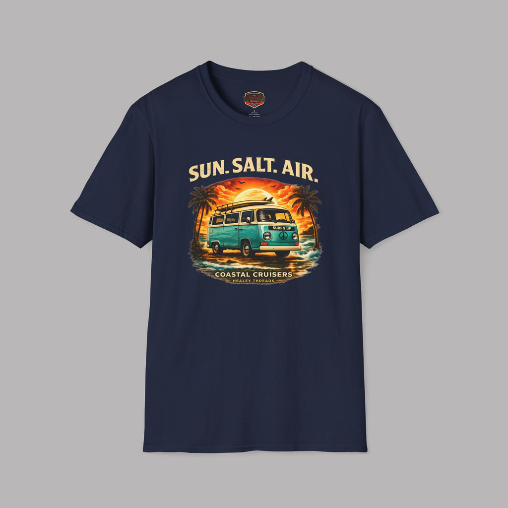 Navy blue t-shirt with 'Sun. Salt. Air.' graphic retro van design on a gray background