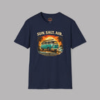 Navy blue t-shirt with 'Sun. Salt. Air.' graphic retro van design on a gray background