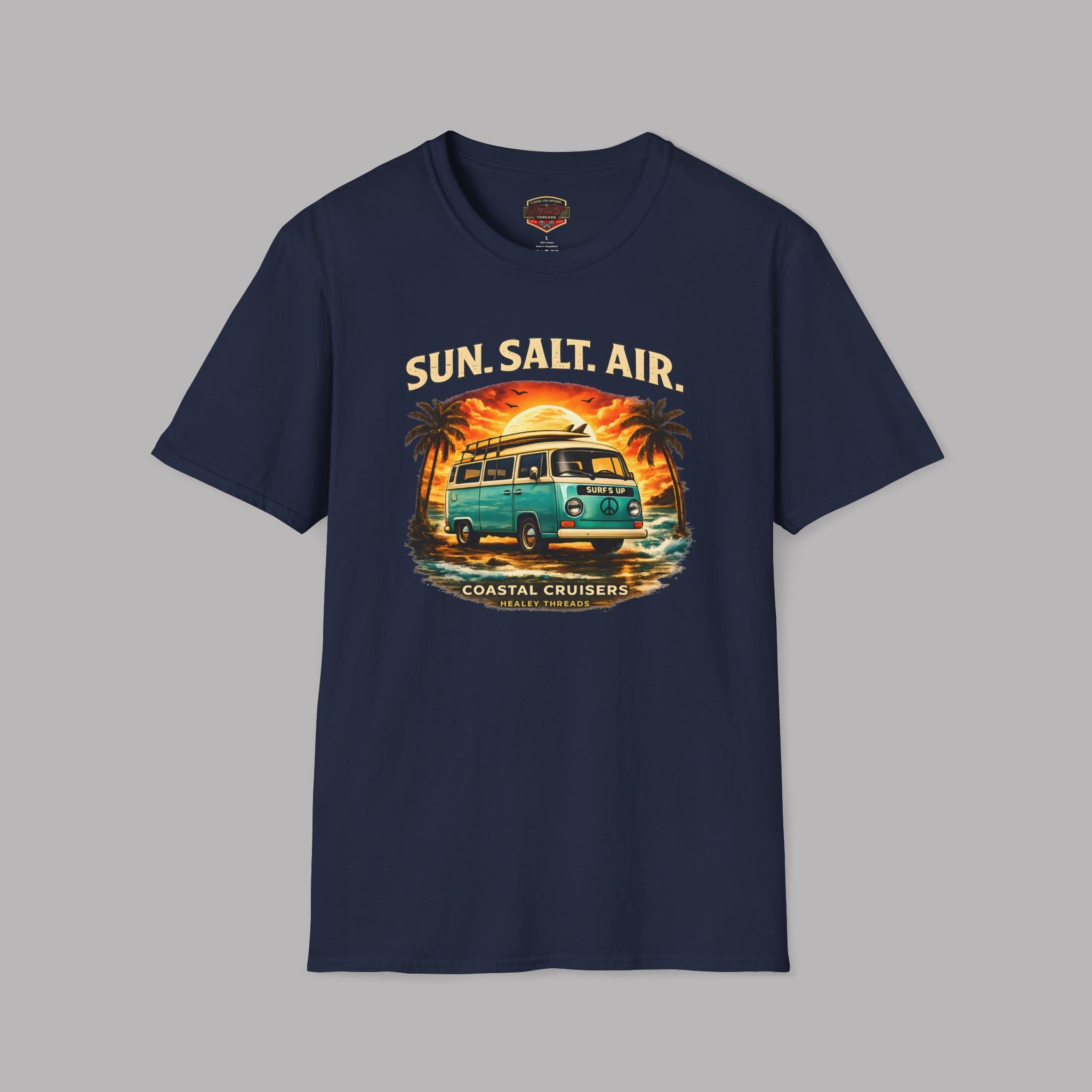 Navy blue t-shirt with 'Sun. Salt. Air.' graphic retro van design on a gray background