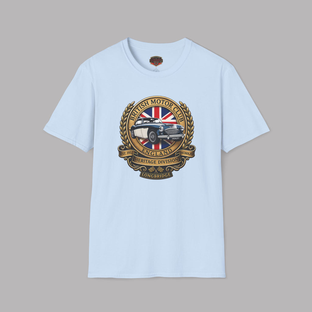 Light blue t-shirt with a British motor club logo on a gray background