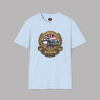 Light blue t-shirt with a British motor club logo on a gray background