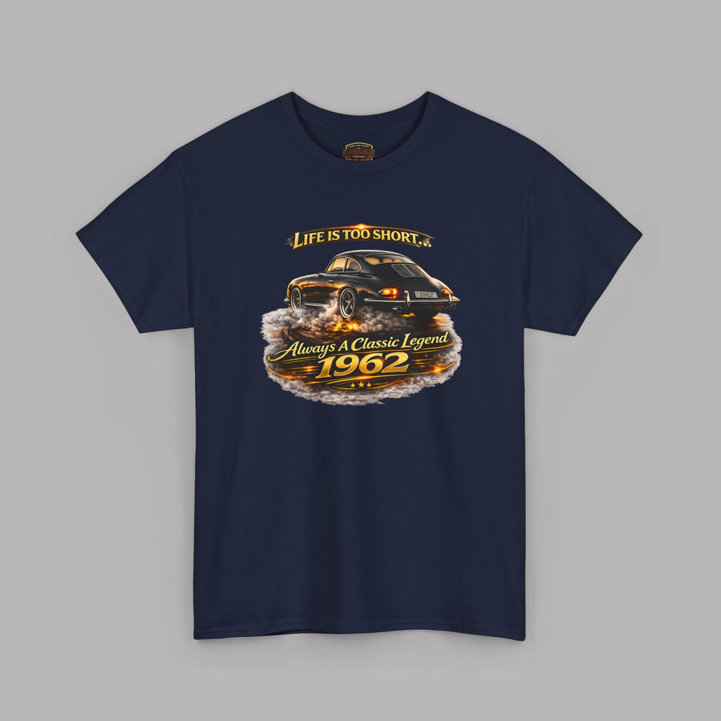 Navy blue t-shirt with a graphic of a car and text on a gray background