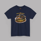 Navy blue t-shirt with a graphic of a car and text on a gray background