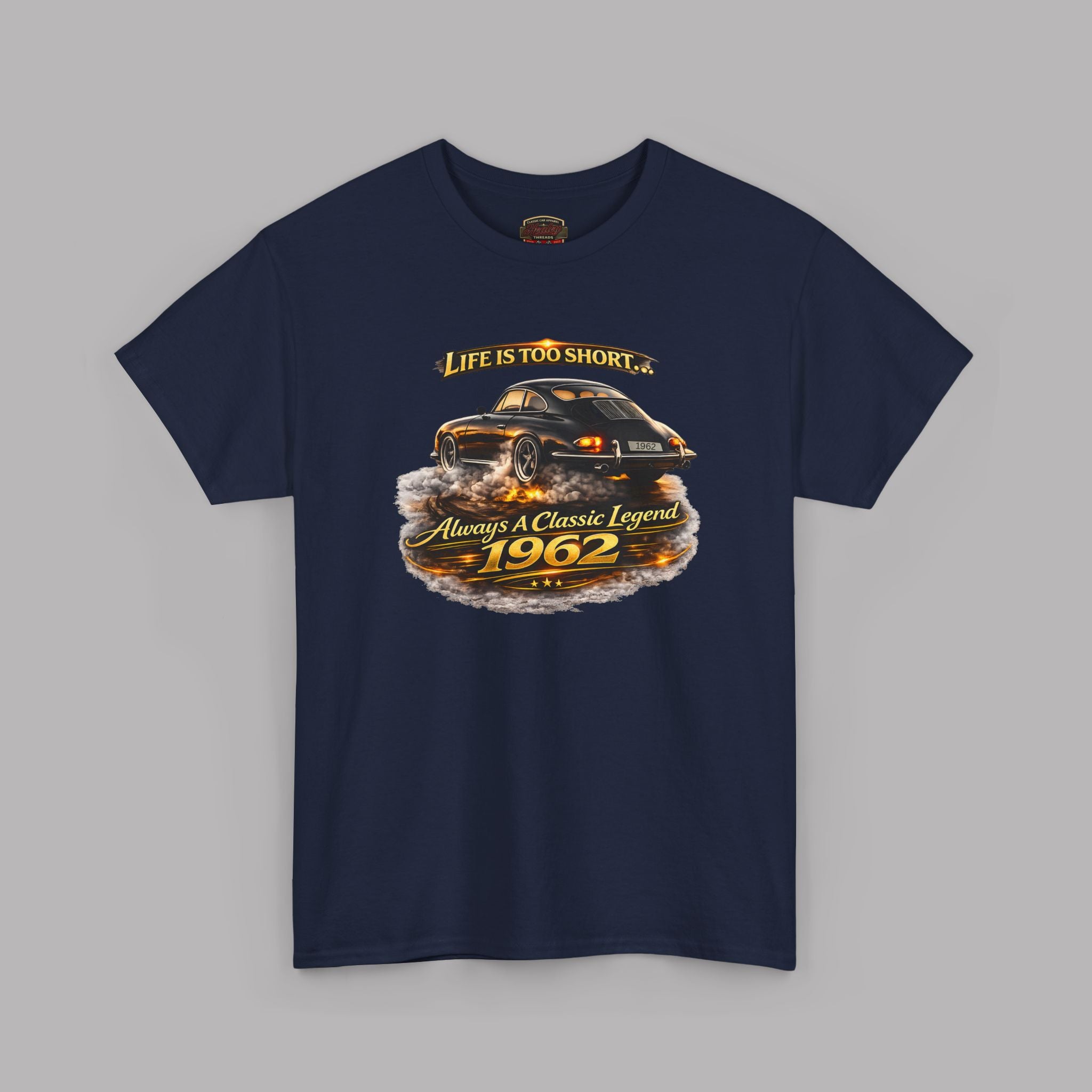 Navy blue t-shirt with a graphic of a car and text on a gray background