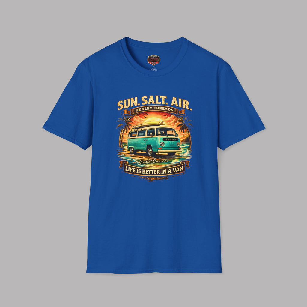 Royal blue t-shirt with a graphic design of a van and text on a gray background