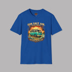 Royal blue t-shirt with a graphic design of a van and text on a gray background