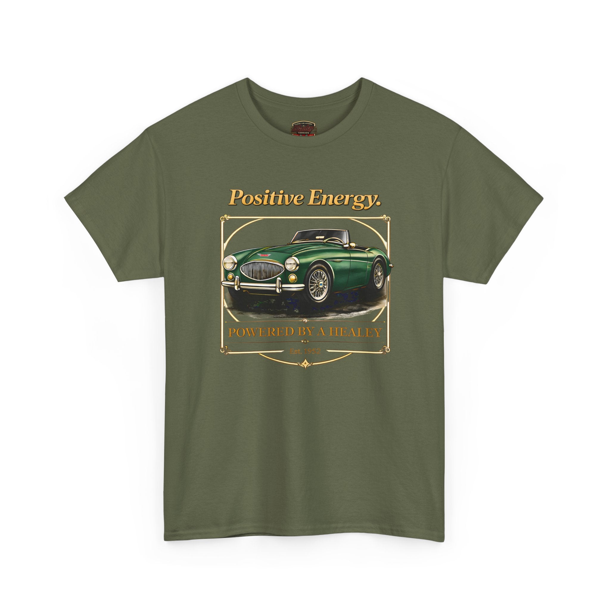 Military green t-shirt with a classic car graphic and 'Positive Energy' text on a white background.