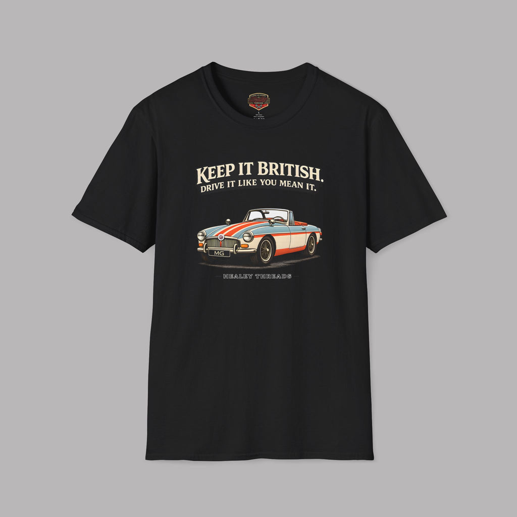 Black t-shirt with a graphic of a classic MGB car and text on a gray background