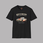 Black t-shirt with a graphic of a classic MGB car and text on a gray background