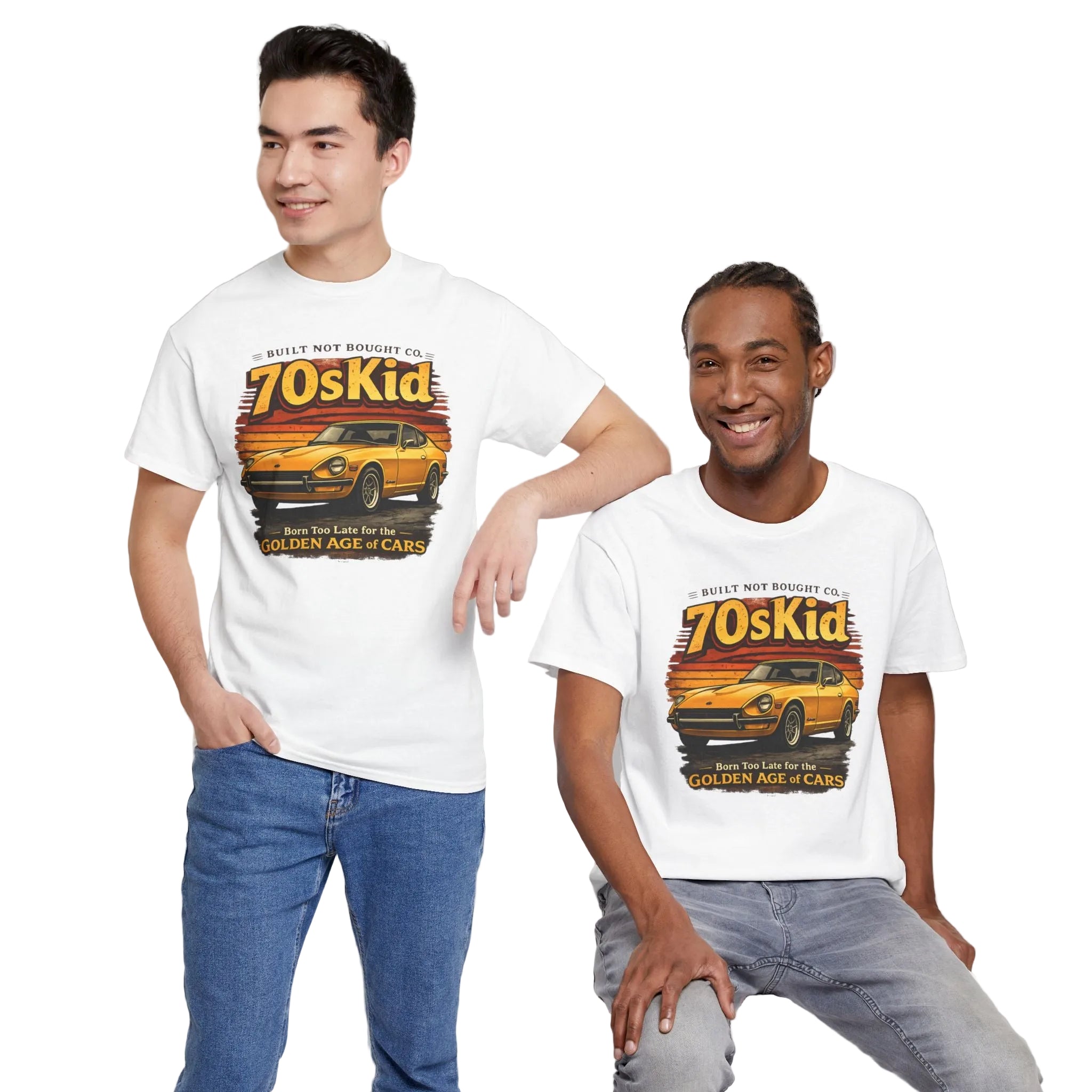Two people wearing '70s Kid' t-shirts with a vintage car graphic on a white background