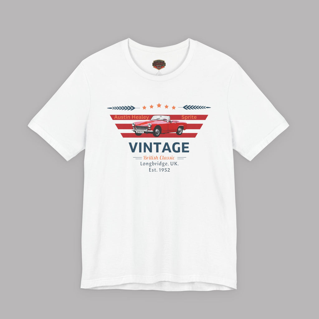 White t-shirt with a red car graphic and text on a gray background