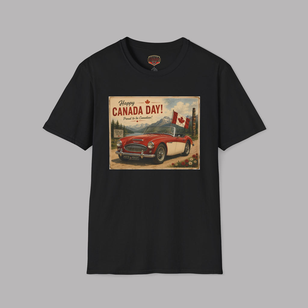 A black short-sleeve crewneck t-shirt featuring a vintage-style Canada Day graphic print on the chest, displayed against a solid gray background.